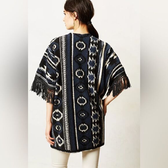 Anthropologie Dolan Avoca Poncho Open Front One‎ Size Blue Black Fringe - Picture 2 of 9